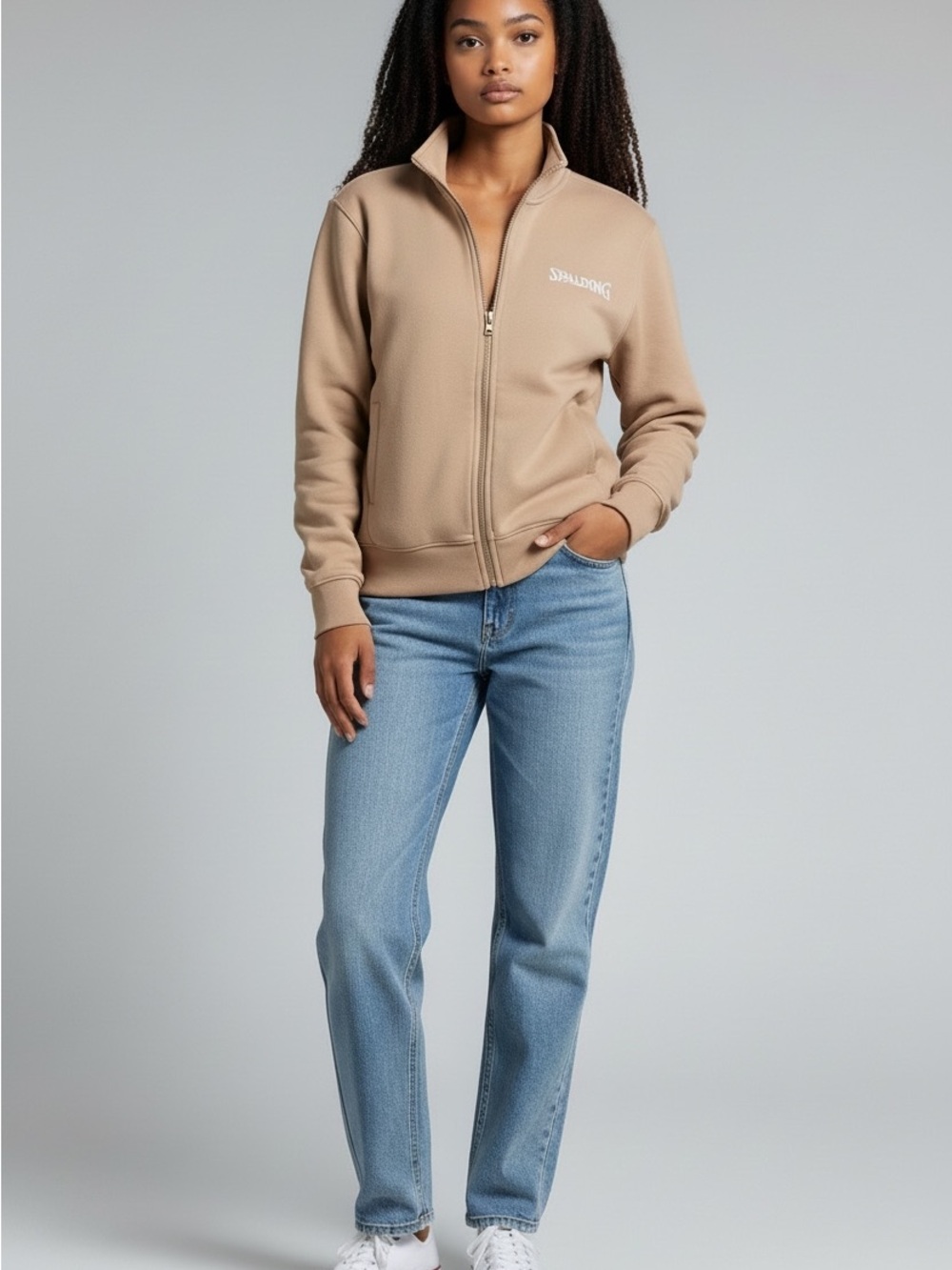 Spalding Women's Tan Bomber Jacket with Embroidered Logo